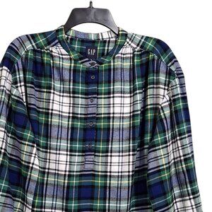 GAP Top Womens M Blue Green Cotton Shirred Henley Plaid Flannel Relaxed Casual
